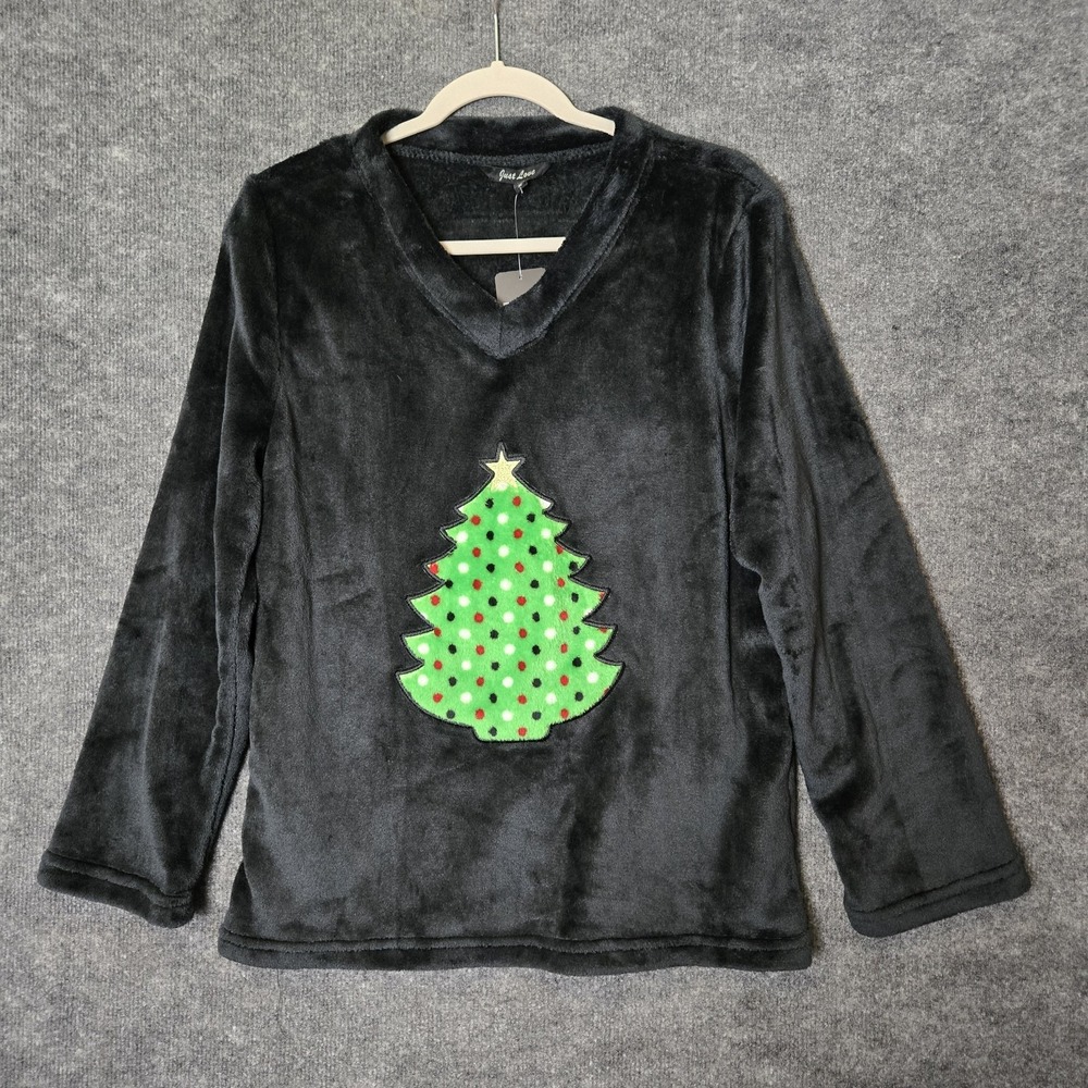 Christmas Tree Top Womens M Black Fleece Velour Holiday V Neck Cozy New